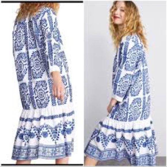 Zara Dresses Zara Size M Peplum Dress Santorini Blue White Embroidered Pockets Drop Waist
